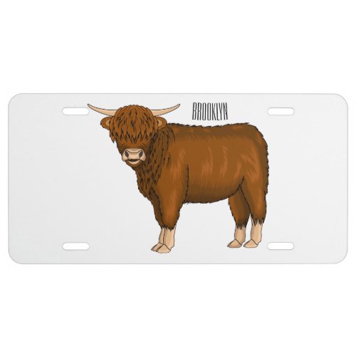 Highland cow cartoon illustration license plate