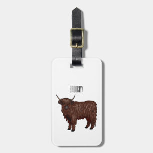 Highland cow cartoon illustration luggage tag