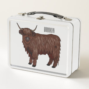 Highland cow cartoon illustration  metal lunch box