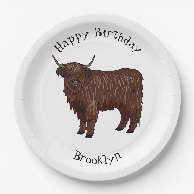 Highland cow cartoon illustration paper plates (Front)