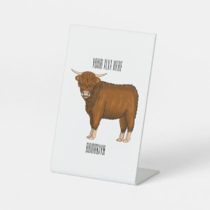 Highland cow cartoon illustration pedestal sign