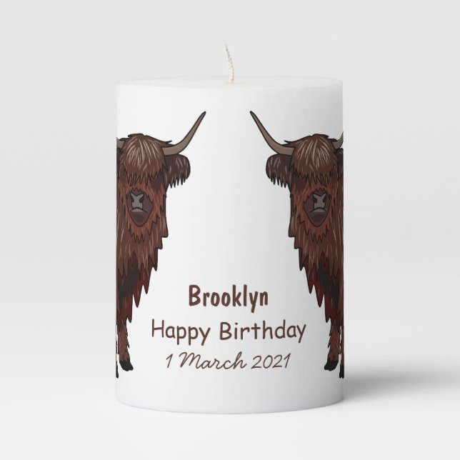 Highland cow cartoon illustration pillar candle (Front)