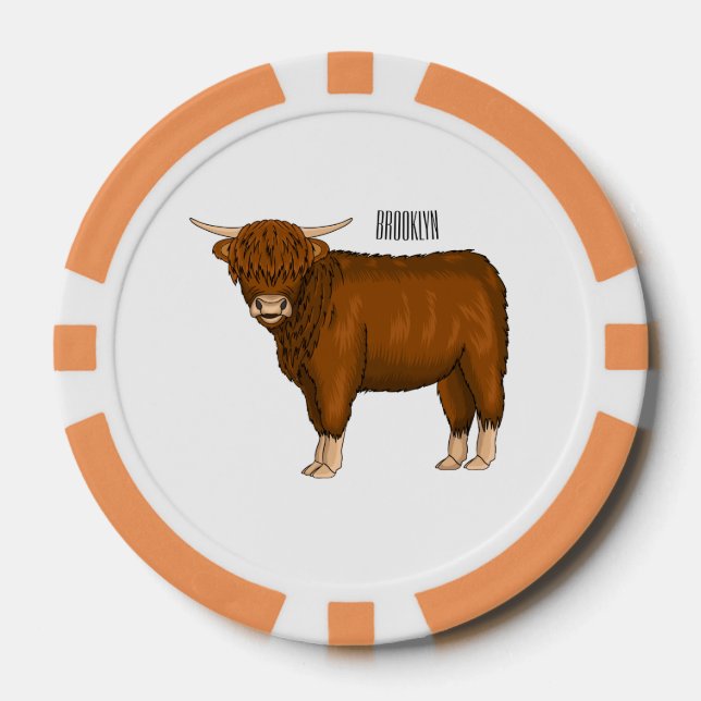 Highland cow cartoon illustration  poker chips (Front)