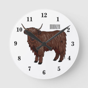 Highland cow cartoon illustration round clock