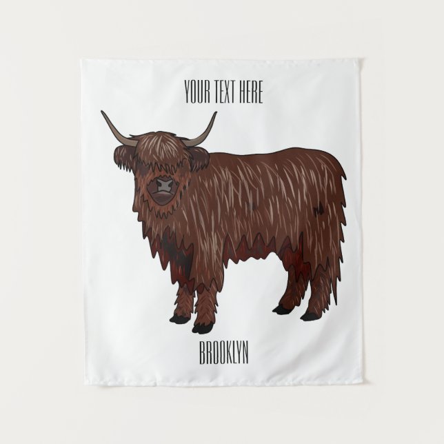 Highland cow cartoon illustration  tapestry (Front)
