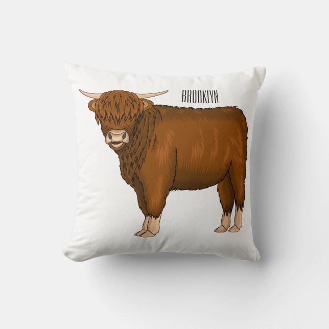 Highland cow cartoon illustration  throw pillow (Front)