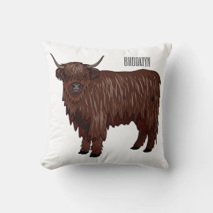 Highland cow cartoon illustration throw pillow