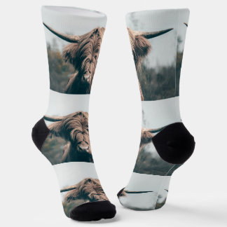 Highland cow cattle portrait rustic pattern socks