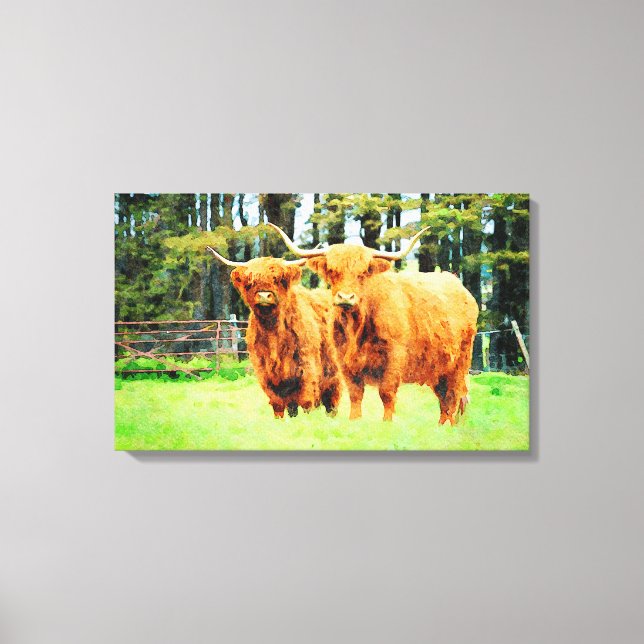 Highland Cow Cattle with Horns Watercolour Art Canvas Print (Front)