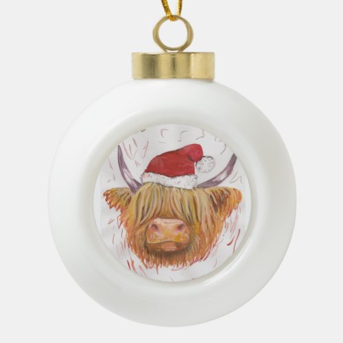 highland cow christmas bauble hat ceramic ball christmas ornament