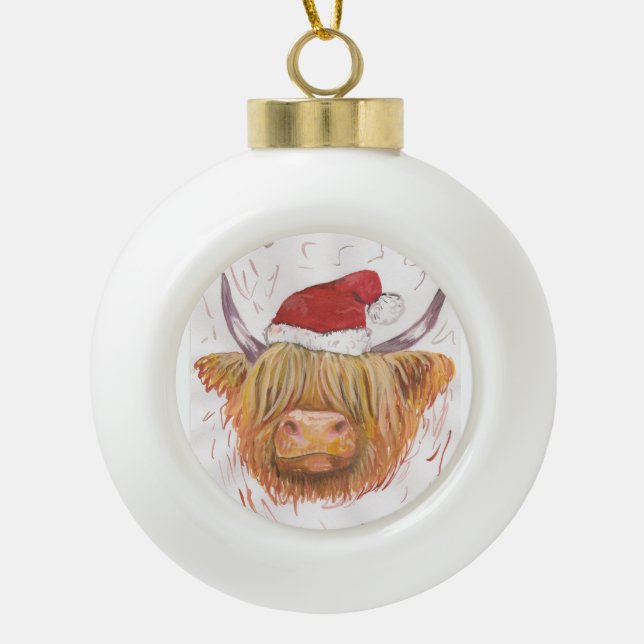 highland cow christmas bauble hat ceramic ball christmas ornament (Front)