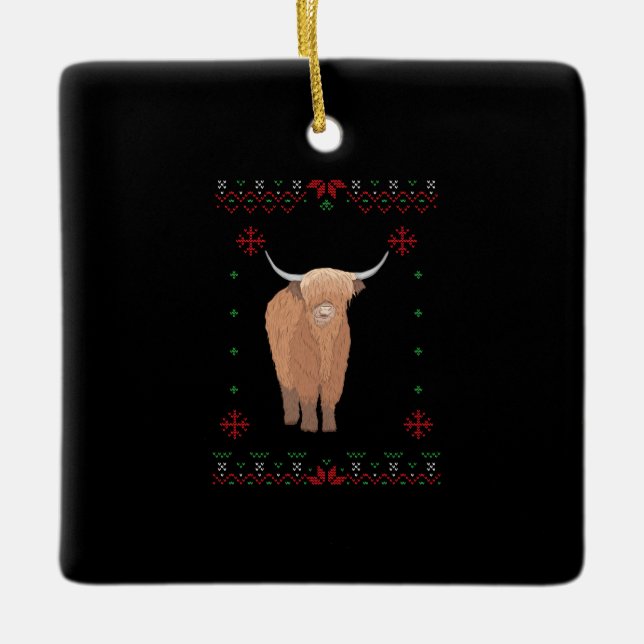 Highland Cow Christmas Ceramic Ornament (Front)