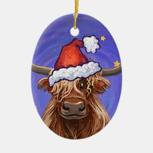 Highland Cow Christmas Ceramic Ornament (Front)