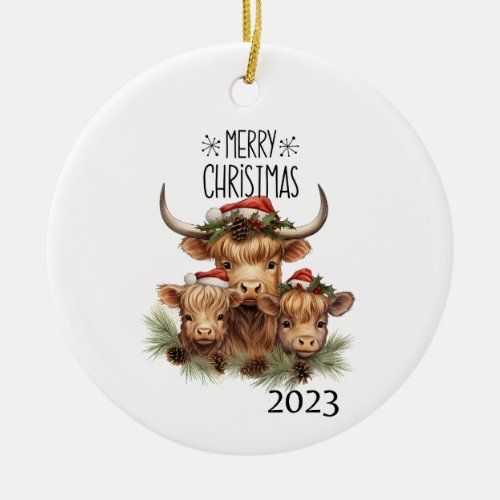 Highland Cow Christmas Ceramic Ornament