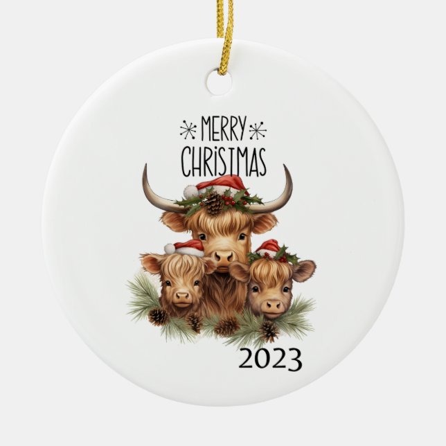 Highland Cow Christmas Ceramic Ornament (Front)