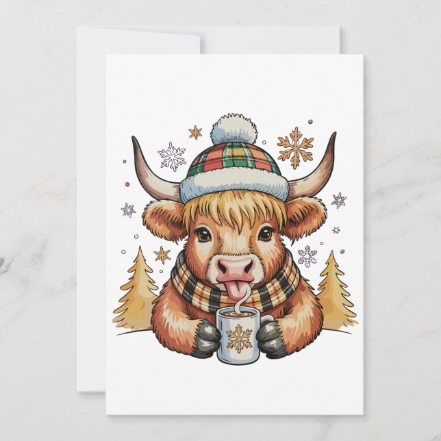 Highland Cow Christmas Fluffy Cozy Cute Gold Xmas Holiday Card (Front)