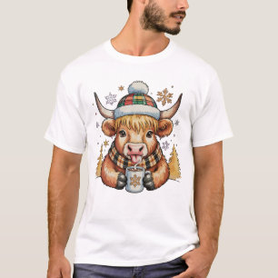 Highland Cow Christmas Fluffy Cozy Cute Gold Xmas T-Shirt