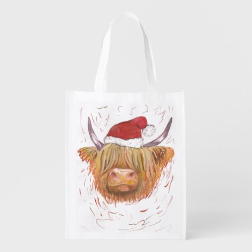 highland cow christmas hat reusable bag