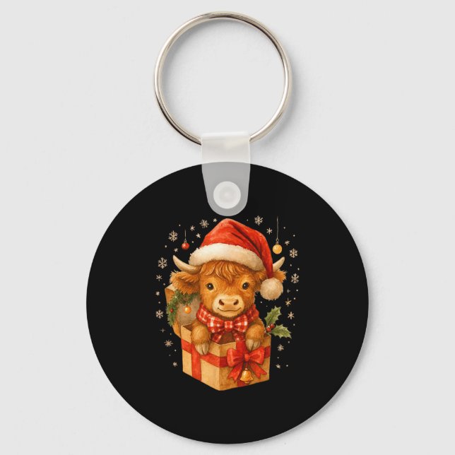 Highland Cow Christmas In Box Watercolor Santa Hat Keychain (Front)