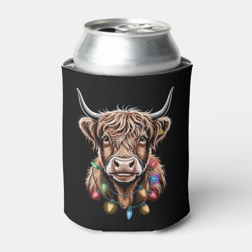 Highland Cow Christmas Lights Holiday Festive Xmas Can Cooler