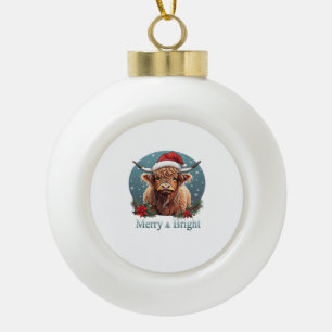 Highland Cow Christmas Merry and Bright, Scottish, Ceramic Ball Christmas Ornament