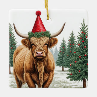 Highland Cow Christmas Ornament – Festive Square C
