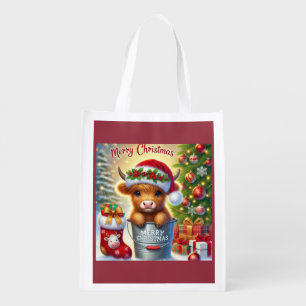 Highland Cow Christmas Reusable Grocery Bag. Bag