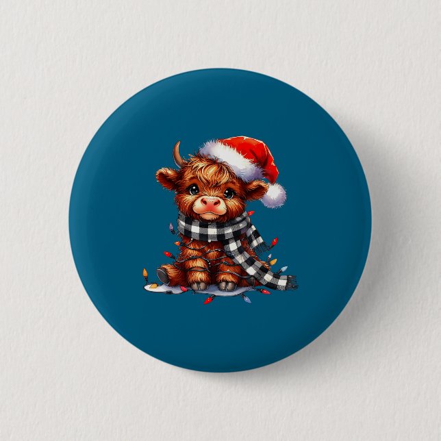 Highland Cow Christmas Santa Hat Mooey Xmas Heifer Button (Front)