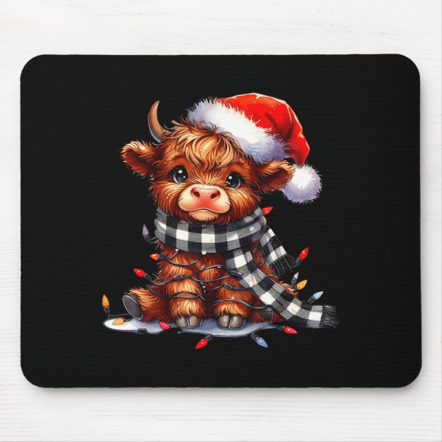 Highland Cow Christmas Santa Hat Mooey Xmas Heifer Mouse Pad (Front)