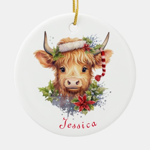 Highland Cow Christmas Santa Hat Personalized Ceramic Ornament