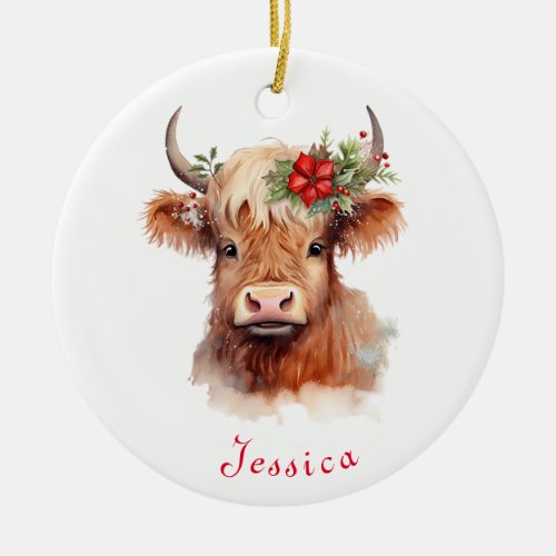 Highland Cow Christmas Santa Hat Personalized Name Ceramic Ornament