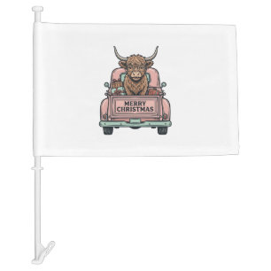 Highland Cow Christmas Truck Vintage Engraving Shi Car Flag