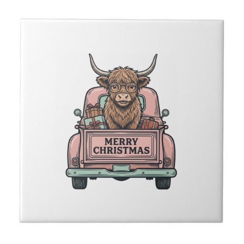 Highland Cow Christmas Truck Vintage Engraving Shi Ceramic Tile