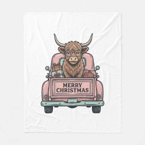 Highland Cow Christmas Truck Vintage Engraving Shi Fleece Blanket