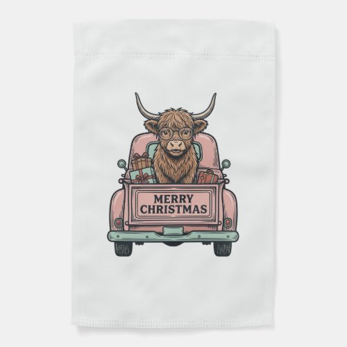 Highland Cow Christmas Truck Vintage Engraving Shi Garden Flag