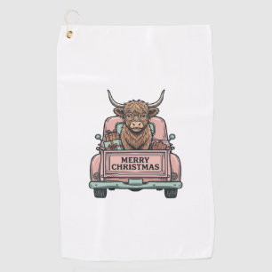 Highland Cow Christmas Truck Vintage Engraving Shi Golf Towel