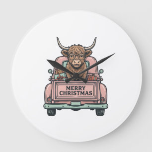 Highland Cow Christmas Truck Vintage Engraving Shi Large Clock