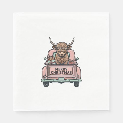 Highland Cow Christmas Truck Vintage Engraving Shi Napkins