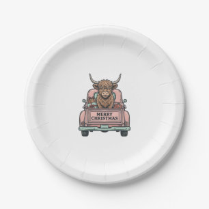Highland Cow Christmas Truck Vintage Engraving Shi Paper Plates