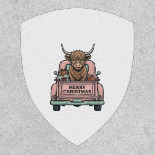 Highland Cow Christmas Truck Vintage Engraving Shi Patch