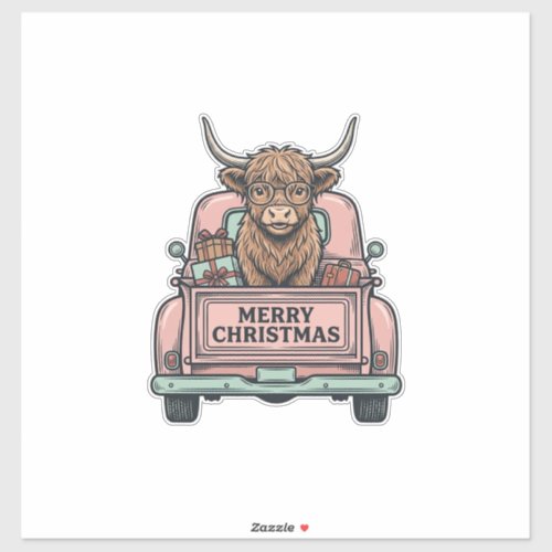 Highland Cow Christmas Truck Vintage Engraving Shi Sticker