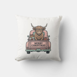 Highland Cow Christmas Truck Vintage Engraving Shi Throw Pillow