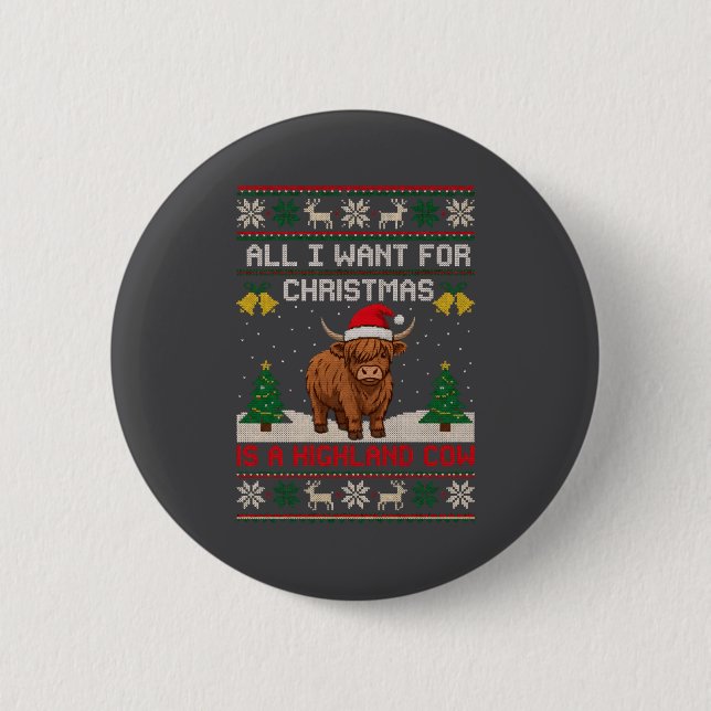 Highland Cow Christmas Ugly Sweater Style Festive  Button (Front)