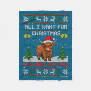 Highland Cow Christmas Ugly Sweater Style Festive  Fleece Blanket