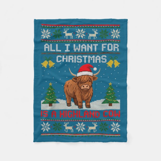 Highland Cow Christmas Ugly Sweater Style Festive  Fleece Blanket (Front)
