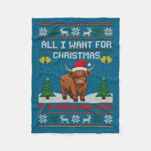 Highland Cow Christmas Ugly Sweater Style Festive  Fleece Blanket