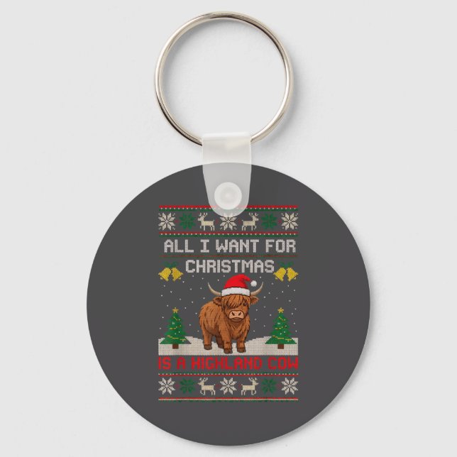 Highland Cow Christmas Ugly Sweater Style Festive  Keychain (Front)