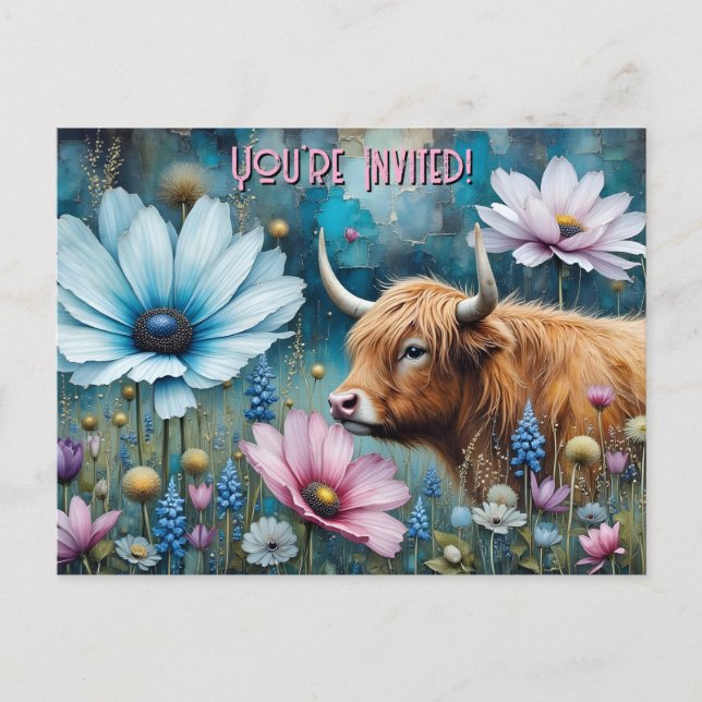 Highland Cow Colorful Cosmos Tapestry  Invitation Postcard (Front)