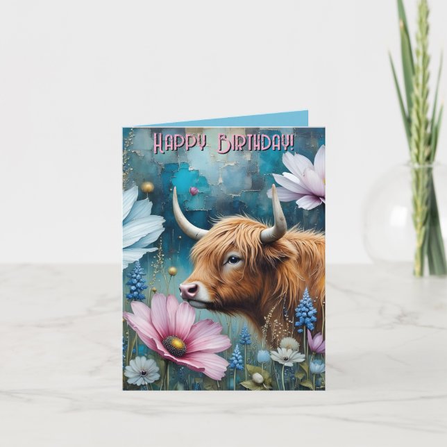 Highland Cow Colorful Cosmos Tapestry  Note Card (Front)