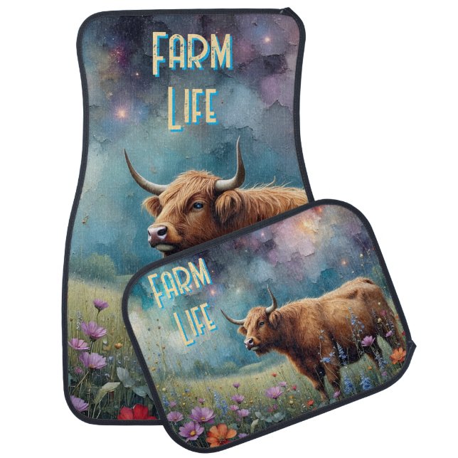 Highland Cow Colorful Meadow *personalize* Car Floor Mat (Set)